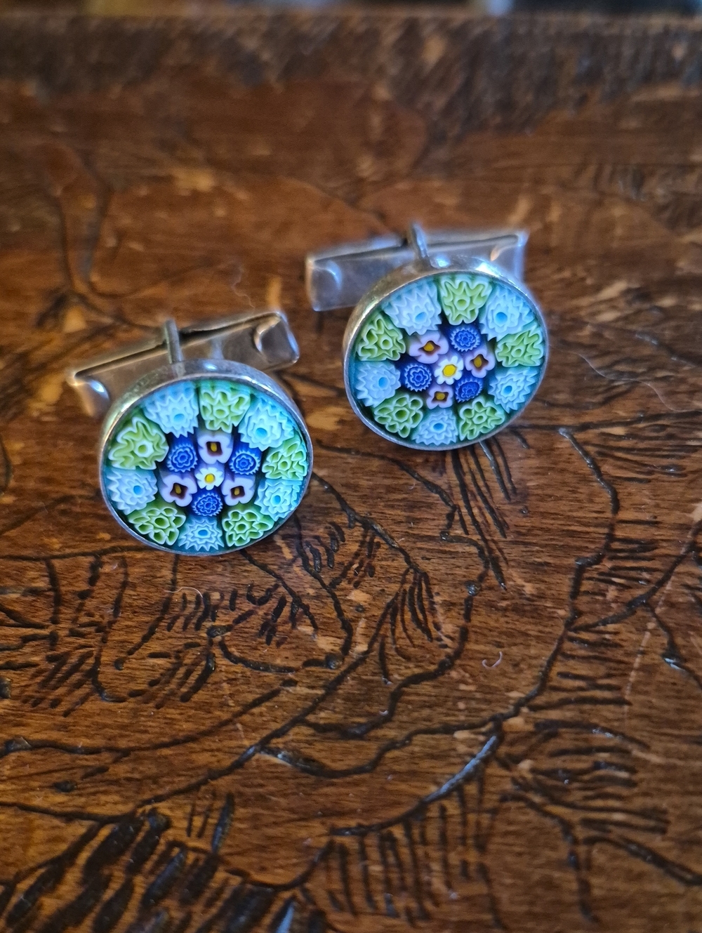 Sterling Murano Mosaic Glass Cufflinks in Blue & Green